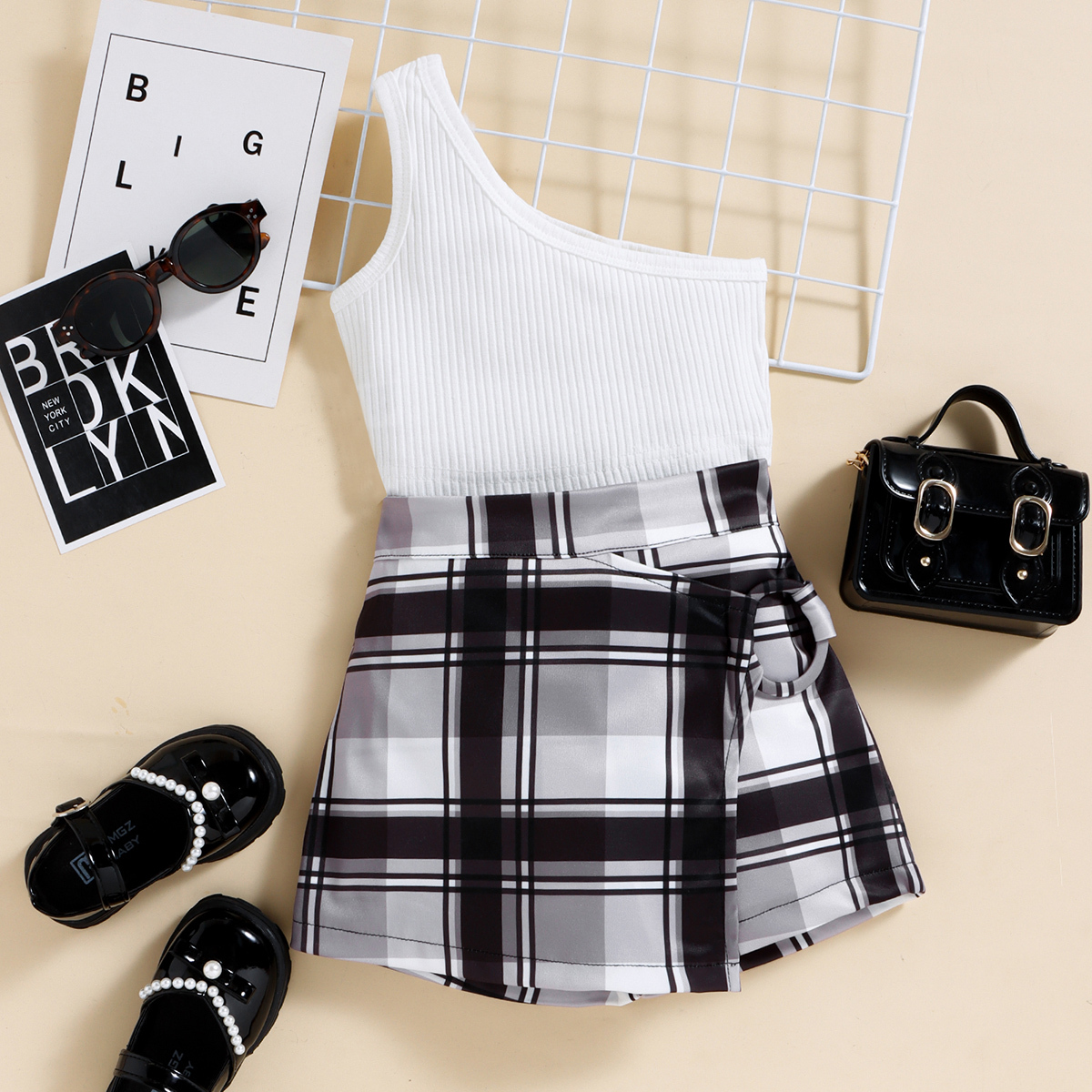购物车加购品和商详页加购品主商品-Toddler Girls Open Shoulder Plaid Top & Shorts Wholesale