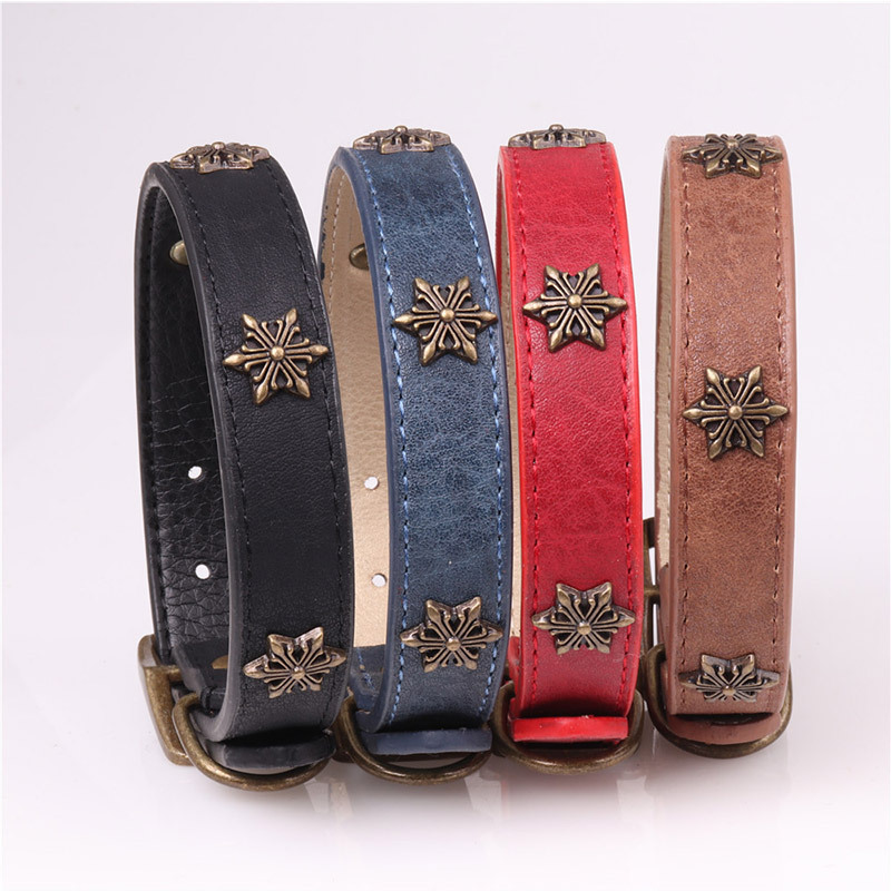 Leather Pet Collars for Medium or Large Dogs Adjustment Range 12 to 18-Inch Black Red Blue Brown Four Color Pet Collars