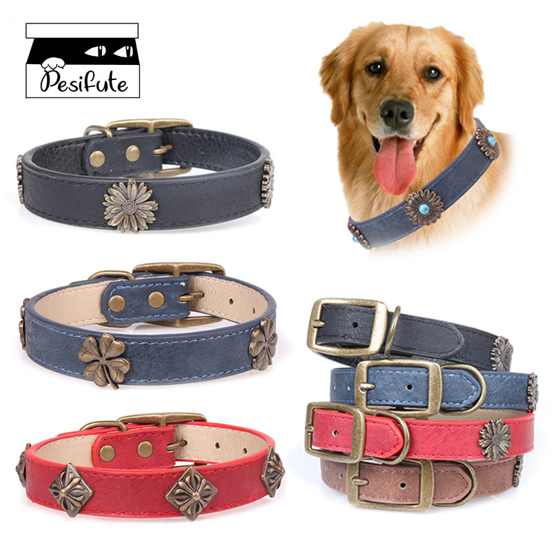 Leather Pet Collars for Medium or Large Dogs Adjustment Range 12 to 18-Inch Black Red Blue Brown Four Color Pet Collars