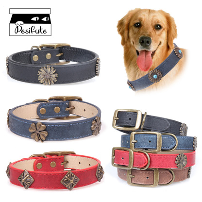 Leather Pet Collars for Medium or Large Dogs Adjustment Range 12 to 18-Inch Black Red Blue Brown Four Color Pet Collars