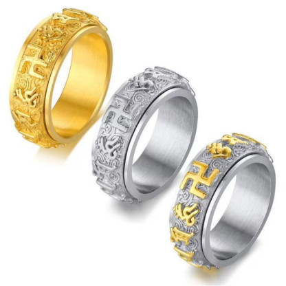 😄2Exquisite Stainless Steel Ring for Men Retro Male Index Finger Ring Band Religious Buddhism Lucky Jewelry