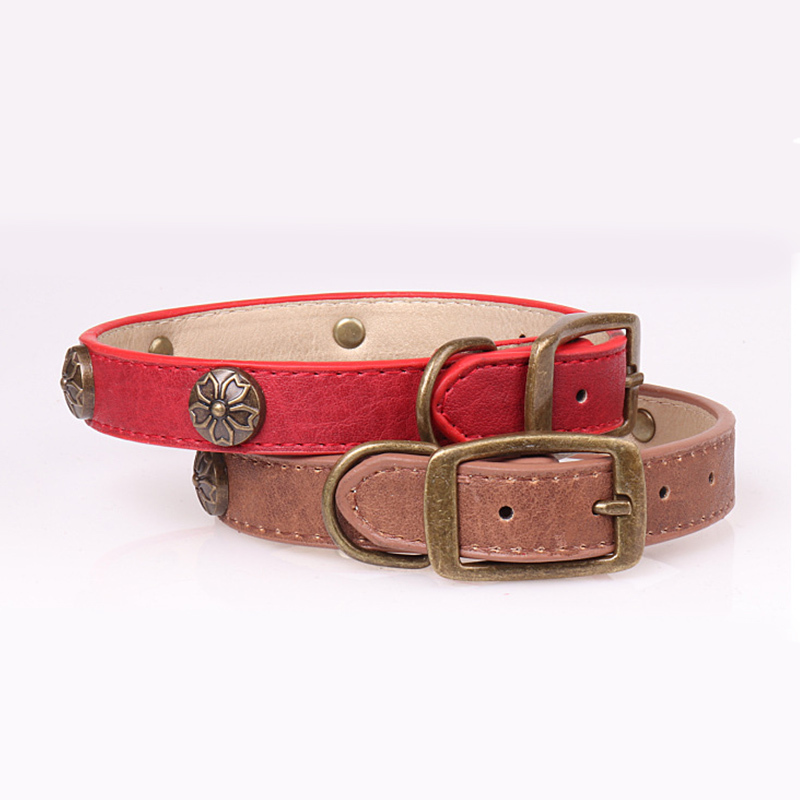 Leather Pet Collars for Medium or Large Dogs Adjustment Range 12 to 18-Inch Black Red Blue Brown Four Color Pet Collars